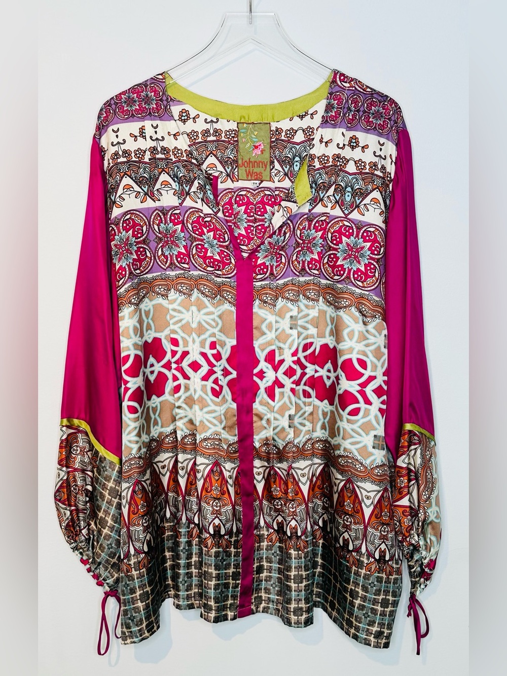Johnny Was Purple Silk Pattern Print Boho Tunic Top Shirt Blouse